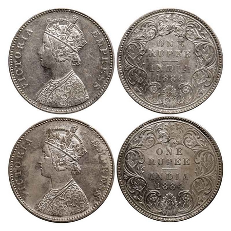 Victoria Empress, Silver Rupee (2 Coins), 1884, Bombay Mint, A3/I, 'B' raised. GK 489. Ver