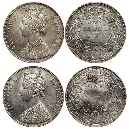 Victoria Empress, Silver Rupee (2 Coins), 1885, Bombay Mint, 1) A3/I, 'B' raised, 2) A3/II