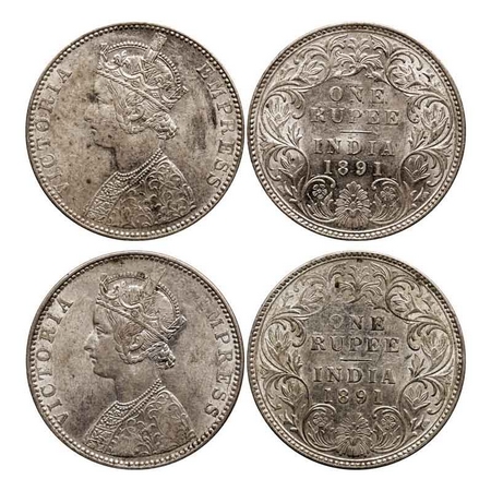 Victoria Empress, Silver Rupee, 1891 (2 Coins), Bombay Mint, C2/I, 'B' incused. GK 569. Ex