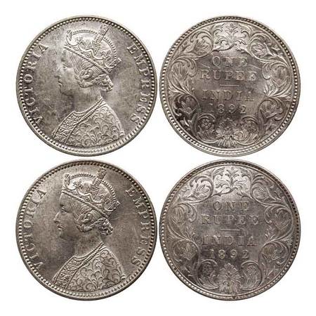 Victoria Empress, Silver Rupee (2 Coins), 1892, Bombay Mint, C2/I, 'B' incused, C2/I(ii), 