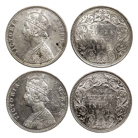 Victoria Empress, Silver Rupee (2 Coins), Bombay Mint, 1892, C2/I, 'B' incused, 1901, A3(i