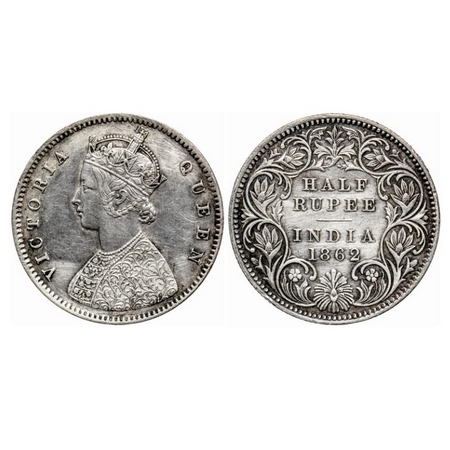 Victoria Queen, Silver 1/2 Rupee, 1862, Calcutta Mint, A/I, Round pearls. GK 370. Extremel