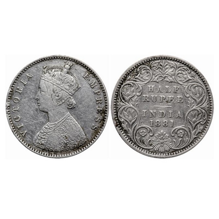 Victoria Empress, Silver 1/2 Rupee, 1881, Calcutta Mint, A/I, 'C' incused. GK 617. About V