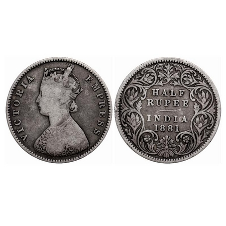 Victoria Empress, Silver 1/2 Rupee, 1881, Calcutta Mint, A/I, 'C' incused. GK 617. Fine. V