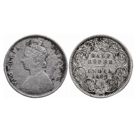 Victoria Empress, Silver 1/2 Rupee, 1885, Calcutta Mint, A/I, 'C' incused. GK 632. About V