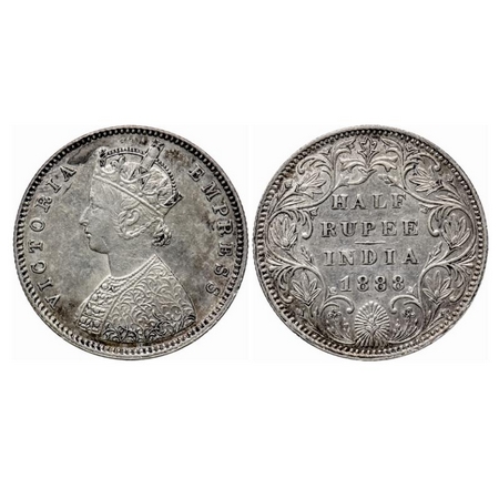 Victoria Empress, Silver 1/2 Rupee, 1888, Bombay Mint, A/II(i), No mint mark, w/o 'B' mark