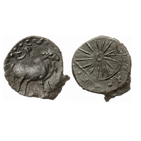 Pallavas of Kanchi, Bronze Unit, 1.01gm 15.00mm, Obv: Humped Bull walking to right, srivat