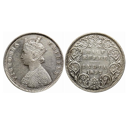 Victoria Empress, Silver 1/2 Rupee, 1897, Bombay Mint, A/I, 'B' incused, Traces of numeral