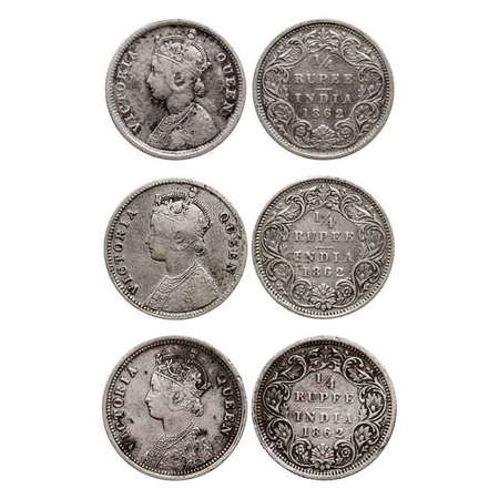 Victoria Queen, Silver Quarter Rupee (3 Coins), 1862, 1) Calcutta Mint, A/I, 2) Bombay Min