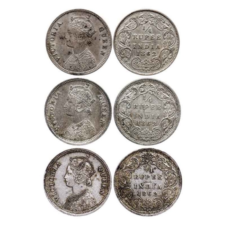 Victoria Queen, Silver Quarter Rupee (3 Coins), 1862, 1) Calcutta Mint, A/I, 2) Bombay Min
