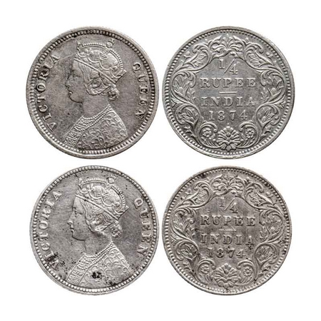Victoria Queen, Silver Quarter Rupee (2 Coins), 1874, 1) Bombay Mint, A/I, Dot, 2) Calcutt