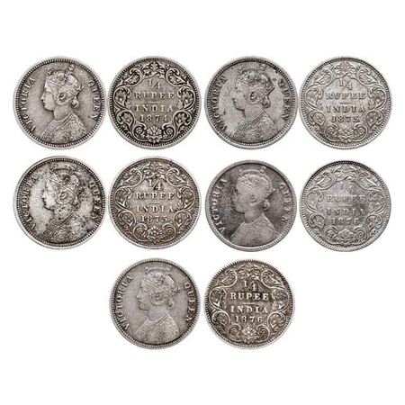 Victoria Queen, Silver Quarter Rupee (5 Coins), 1874, Bombay Mint, A/I, Dot, 1875 (2), Bom