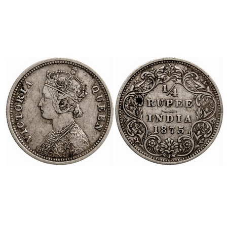 Victoria Queen, Silver Quarter Rupee, 1875, Bombay Mint, A/I, No dot. GK 666. Very Fine. S