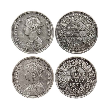 Victoria Queen, Silver Quarter Rupee (2 Coins), 1875, Bombay Mint, A/I, No dot, Calcutta M