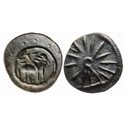 Pallavas of Kanchi, Bronze Unit, 0.39gm 10.40mm, Obv: Humped Bull walking to right above l