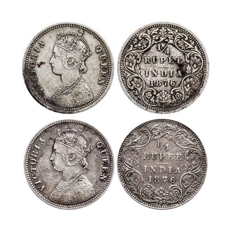 Victoria Queen, Silver Quarter Rupee (2 Coins), 1876, Bombay Mint, A/I, No dot, Calcutta M