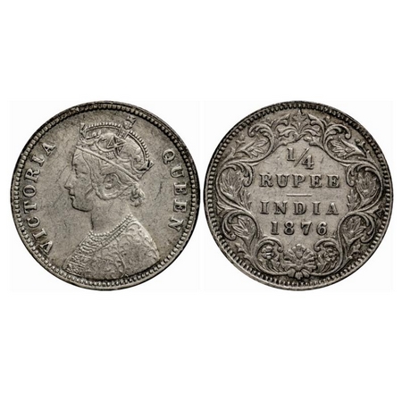 Victoria Queen, Silver Quarter Rupee, 1876, Calcutta Mint, A/I, No mint mark, No 'C', Ghos