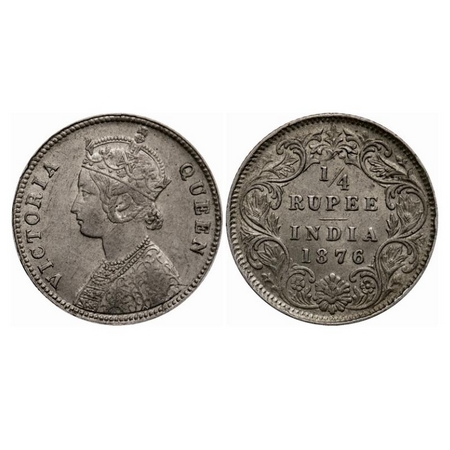 Victoria Queen, Silver Quarter Rupee, 1876, Calcutta Mint, A/I, No mint mark, No 'C', Few 