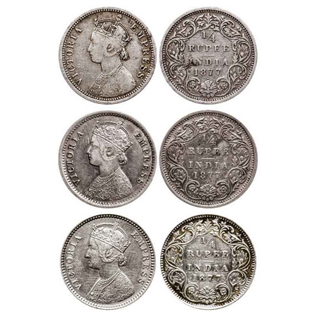 Victoria Empress, Silver Quarter Rupee (3 Coins), 1877, Bombay Mint, A/I, Dot, Bombay Mint