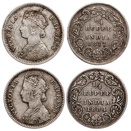 Victoria Empress, Silver Quarter Rupee (2 Coins), 1877, Bombay Mint, B/I, Dot, 1884, B/I, 