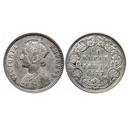Victoria Empress, Silver Quarter Rupee, 1877, Calcutta Mint, B/I, No mint mark, No 'C'. GK