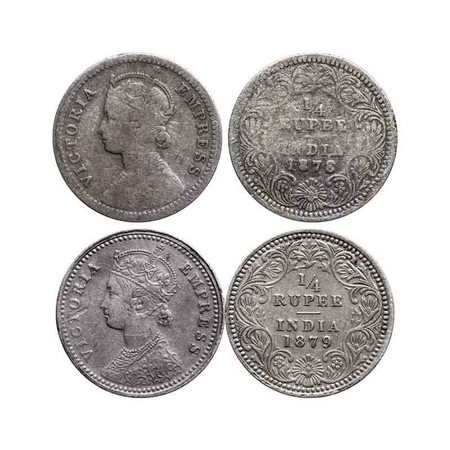Victoria Empress, Silver Quarter Rupee (2 Coins), Calcutta Mint, 1878 C/II, No mint mark, 