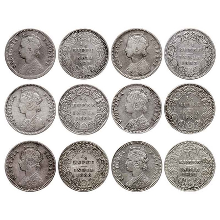 Victoria Empress, Silver Quarter Rupee (6), 1) 1878, Calcutta Mint, C/II, No mint mark, No
