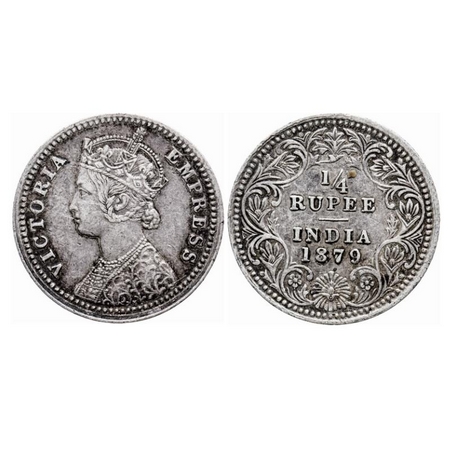 Victoria Empress, Silver Quarter Rupee, 1879, Calcutta Mint, C/II, 'C' incused. GK 674. Ve