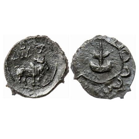 Pallavas of Kanchi, Bronze Unit, 1.50gm 17.00mm, Obv: Humped Bull walking to right above c