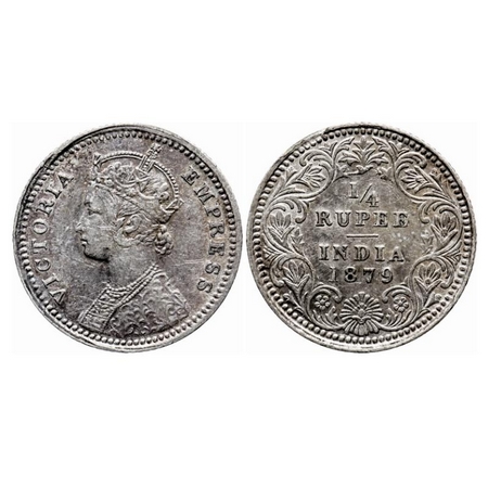 Victoria Empress, Silver Quarter Rupee, 1879, Calcutta Mint, C/II, C incused at bottom. GK