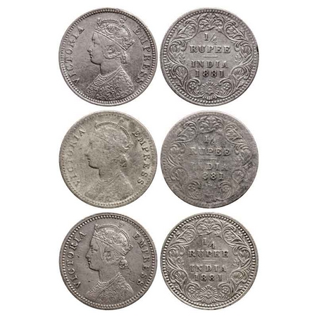 Victoria Empress, Silver Quarter Rupee (3 Coins), 1881, 1) Bombay Mint, A/II, Dot, 2) Bomb
