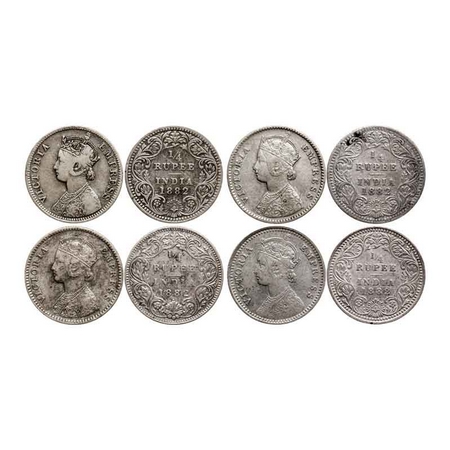 Victoria Empress, Silver Quarter Rupee (4 Coins), 1882, 1) Bombay Mint, A/II, Dot, 2) Bomb