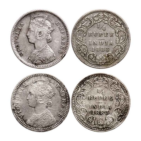 Victoria Empress, Silver Quarter Rupee (2 Coins), 1883, Bombay mint, B/I, Dot, Calcutta Mi