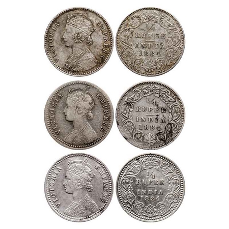 Victoria Empress, Silver Quarter Rupee (3 Coins), 1884, 1) Bombay Mint, B/I, 'B' raised, 2