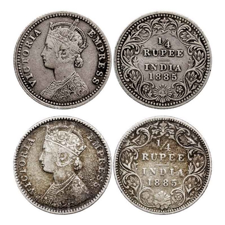 Victoria Empress, Silver Quarter Rupee (2 Coins), 1885, Bombay Mint, B/I, 'B' raised, Calc