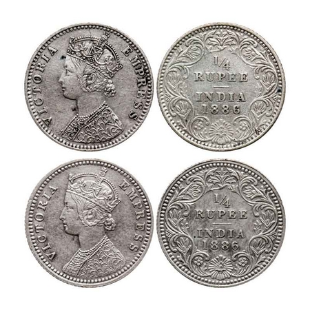 Victoria Empress, Silver Quarter Rupee (2 Coins), 1886, Bombay Mint, C(i)/II, 'B' raised, 