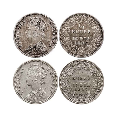 Victoria Empress, Silver Quarter Rupee (2 Coins), 1887, Bombay Mint, C(i)/II, 'B' raised, 