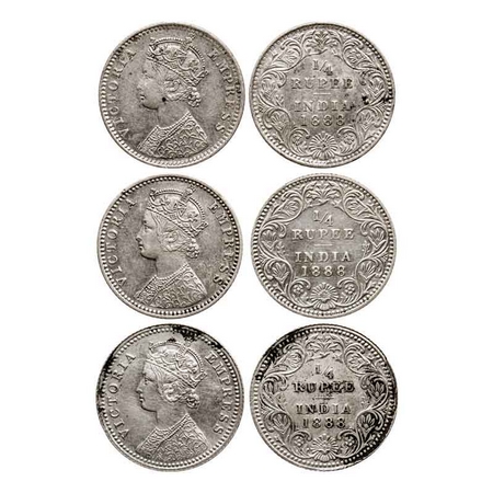 Victoria Empress, Silver Quarter Rupee (3 Coins), 1888, 1) Bombay Mint, C(i)/II, 'B' raise
