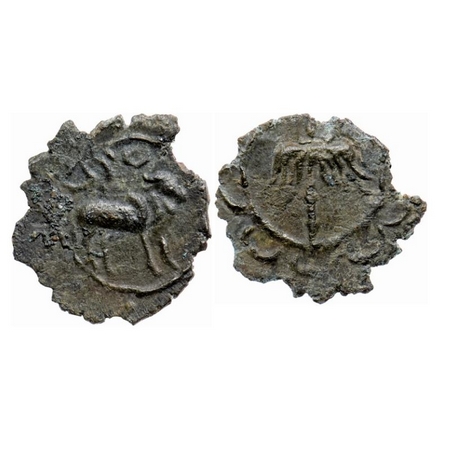 Pallavas of Kanchi, Bronze Unit, 1.03gm 15.80mm, Obv: Bull walking to right above crude Br