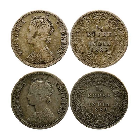 Victoria Empress, Silver Quarter Rupee (2 Coins), 1889, Bombay Mint, C(i)/II, B incused, C