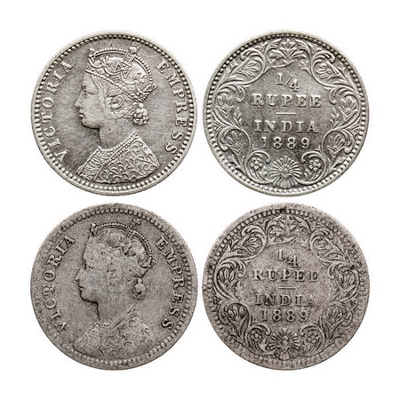 Victoria Empress, Silver Quarter Rupee (2 Coins), 1889, Bombay Mint, C(i)/II, 'B' incused,