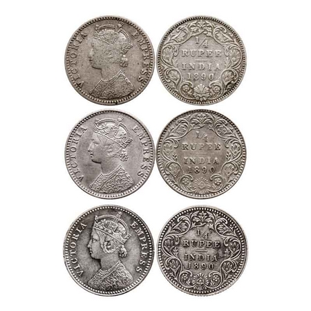 Victoria Empress, Silver Quarter Rupee (3 Coins), 1890, 1) Bombay Mint, C(i)/I, 'B' incuse