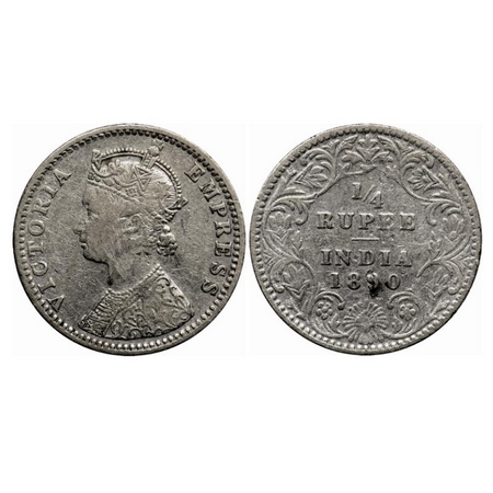 Victoria Empress, Silver Quarter Rupee, 1890, Bombay Mint, C(i)/II, 'B' incused. GK 718. A