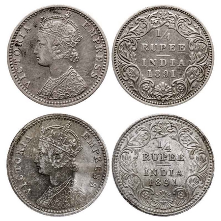 Victoria Empress, Silver Quarter Rupee (2 Coins), 1891, Bombay Mint, C(i)/I, 'B' incused, 