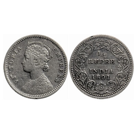 Victoria Empress, Silver Quarter Rupee, 1891, Calcutta Mint, C/II, 'C' incused. GK 721. Ve