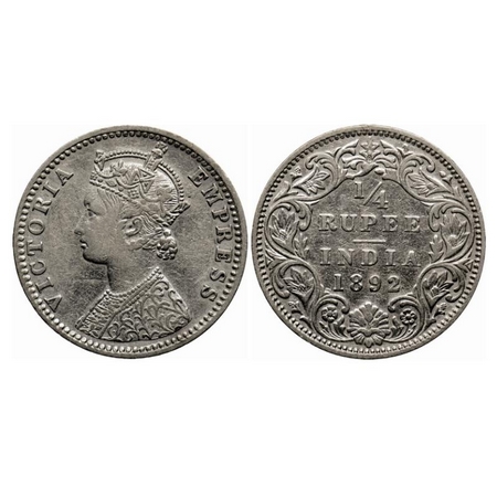 Victoria Empress, Silver Quarter Rupee, 1892, Bombay Mint, C(i)/I, 'B' incused. GK 722. Ab