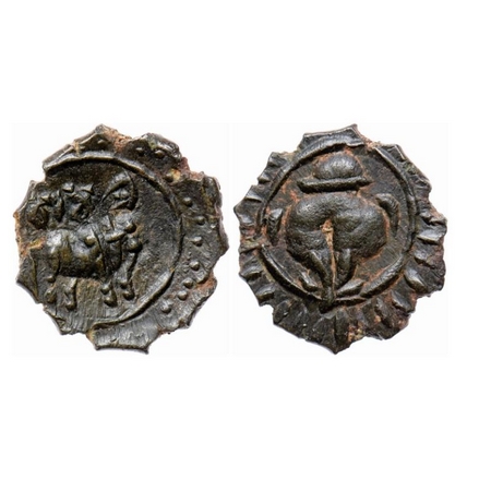 Pallavas of Kanchi, Bronze Unit, 1.12gm 14.70mm, Obv: Humped Bull walking to right crude B