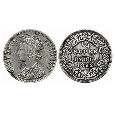 Victoria Empress, Silver Quarter Rupee, 1892, Bombay Mint, C(i)/I, 'B' incused. GK 722. Ex