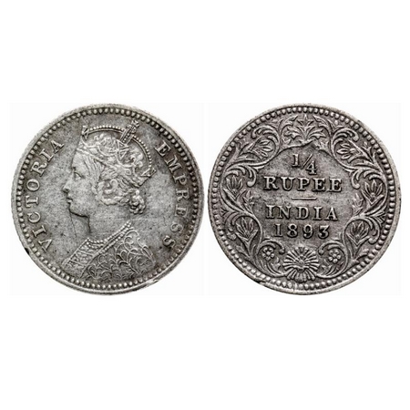 Victoria Empress, Silver Quarter Rupee, 1893, Calcutta Mint, C/II, 'C' incused. GK 725. Ve