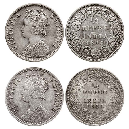 Victoria Empress, Silver Quarter Rupee (2 Coins), 1894, Bombay Mint, C(i)/I, 'B' incused, 